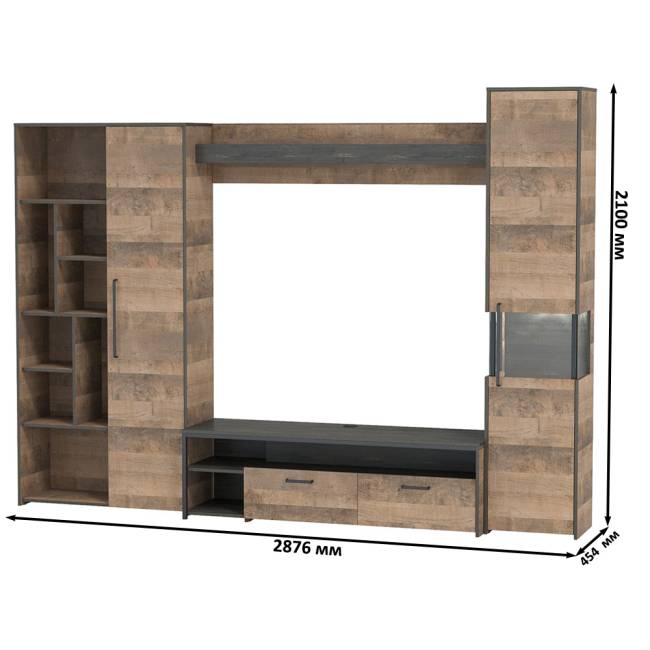 Стенка для гостиной в лофт стиле Трувор № 19 цвет дуб гранж песочный/интра