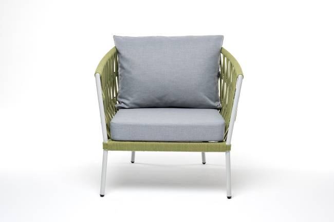 "Диего" кресло плетеное из роупа, каркас алюминий светло-серый (RAL7035) муар, роуп салатовый меланж круглый, ткань светло-серая