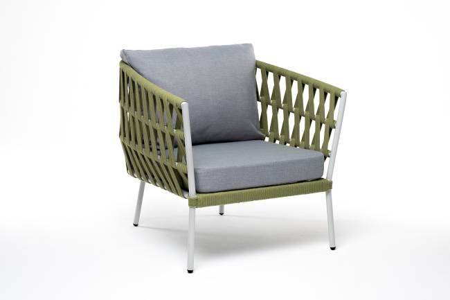 "Диего" кресло плетеное из роупа, каркас алюминий светло-серый (RAL7035) муар, роуп салатовый меланж круглый, ткань светло-серая