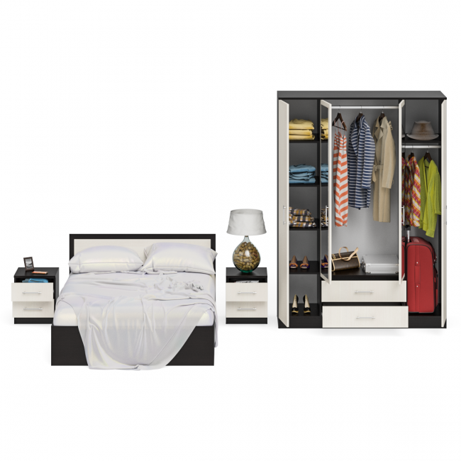 Гарнитур спальный Фиеста Кровать 1400 + Две тумбы + Шкаф 4-х створчатый цвет венге/дуб лоредо