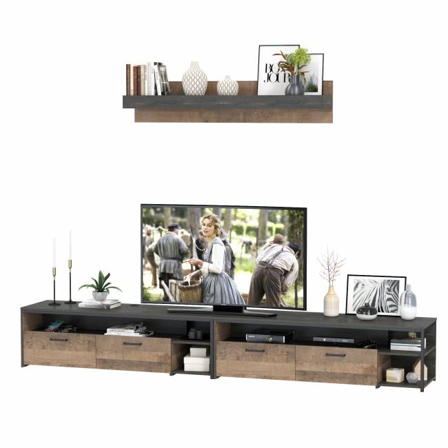 Две ТВ-тумбы Трувор с навесной полкой цвет дуб гранж песочный/интра Две ТВ-тумбы Трувор с навесной полкой цвет дуб гранж песочный/интра