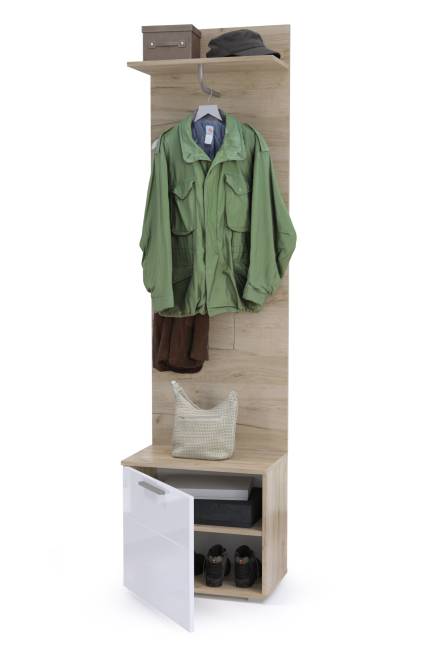 Тумба для обуви с вешалкой Лайн цвет дуб крафт серый/фасады МДФ белый глянец