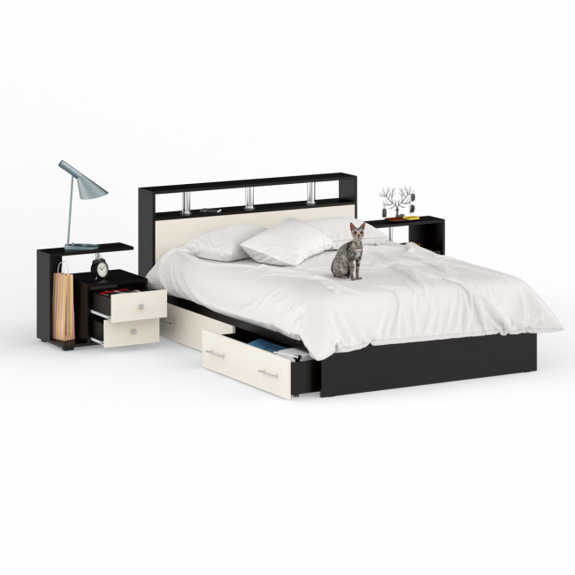 Кровать с ящиками 1400 Камелия + две тумбы цвет венге/дуб лоредо Кровать с ящиками 1400 Камелия + две тумбы цвет венге/дуб лоредо