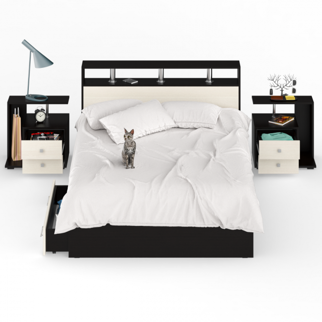 Кровать с ящиками 1400 Камелия + две тумбы цвет венге/дуб лоредо Кровать с ящиками 1400 Камелия + две тумбы цвет венге/дуб лоредо