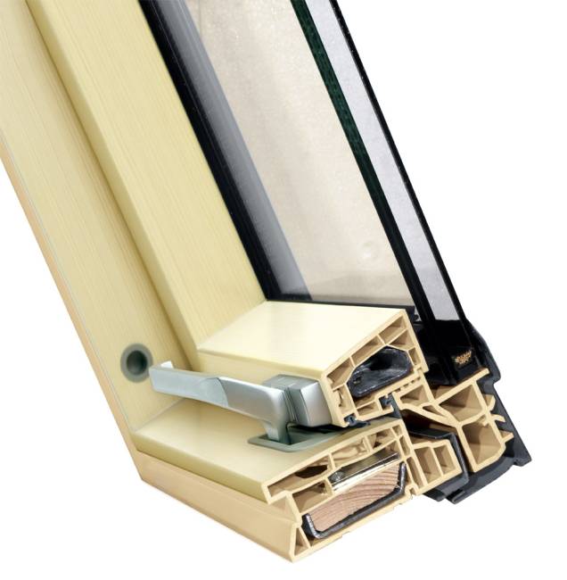 Ламинированное пластиковое мансардное окно PTP-V/PI U3 "Сосна", однокамерное