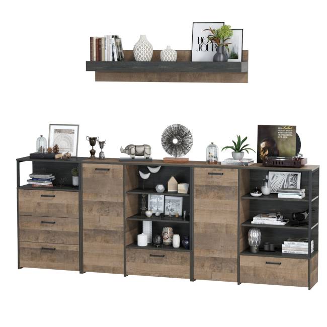 Два комода с дверкой и ящиком с навесной полкой и комодом с тремя ящиками Трувор цвет дуб гранж песочный/интра Два комода с дверкой и ящиком с навесной полкой и комодом с тремя ящиками Трувор цвет дуб гранж песочный/интра