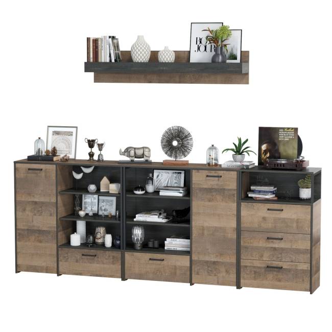 Два комода с дверкой и ящиком с навесной полкой и комодом с тремя ящиками Трувор цвет дуб гранж песочный/интра Два комода с дверкой и ящиком с навесной полкой и комодом с тремя ящиками Трувор цвет дуб гранж песочный/интра