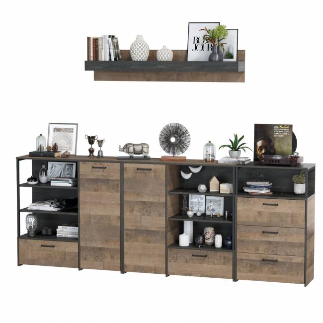 Два комода с дверкой и ящиком с навесной полкой и комодом с тремя ящиками Трувор цвет дуб гранж песочный/интра Два комода с дверкой и ящиком с навесной полкой и комодом с тремя ящиками Трувор цвет дуб гранж песочный/интра