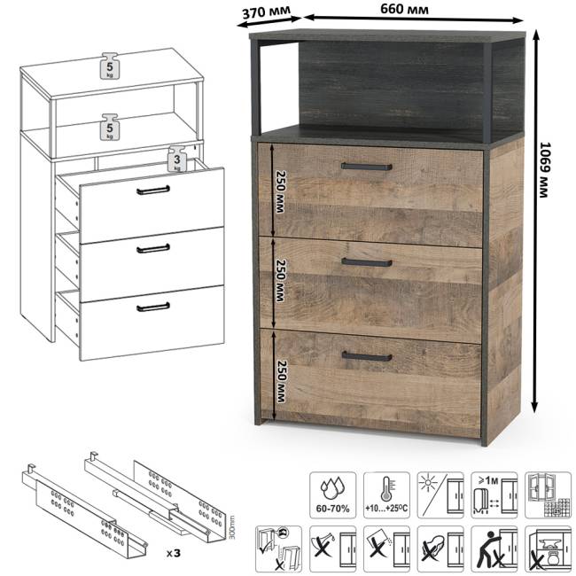 Два комода с дверкой и ящиком с навесной полкой и комодом с тремя ящиками Трувор цвет дуб гранж песочный/интра Два комода с дверкой и ящиком с навесной полкой и комодом с тремя ящиками Трувор цвет дуб гранж песочный/интра