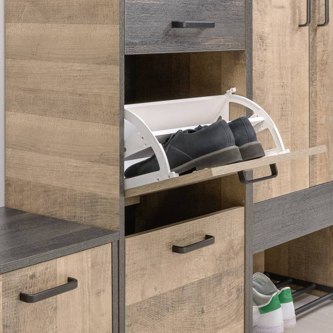 Две вешалки для одежды с полкой с двумя тумбами для обуви и комодом-тумбой с дверкой Трувор цвет дуб гранж песочный/интра