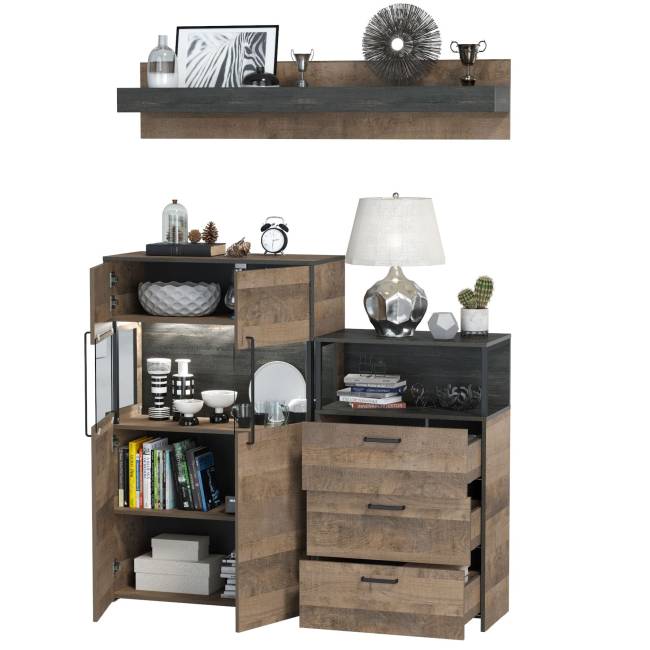 Комод с витриной и подсветкой и комод с ящиками Трувор цвет дуб гранж песочный/интра Комод с витриной и подсветкой и комод с ящиками Трувор цвет дуб гранж песочный/интра